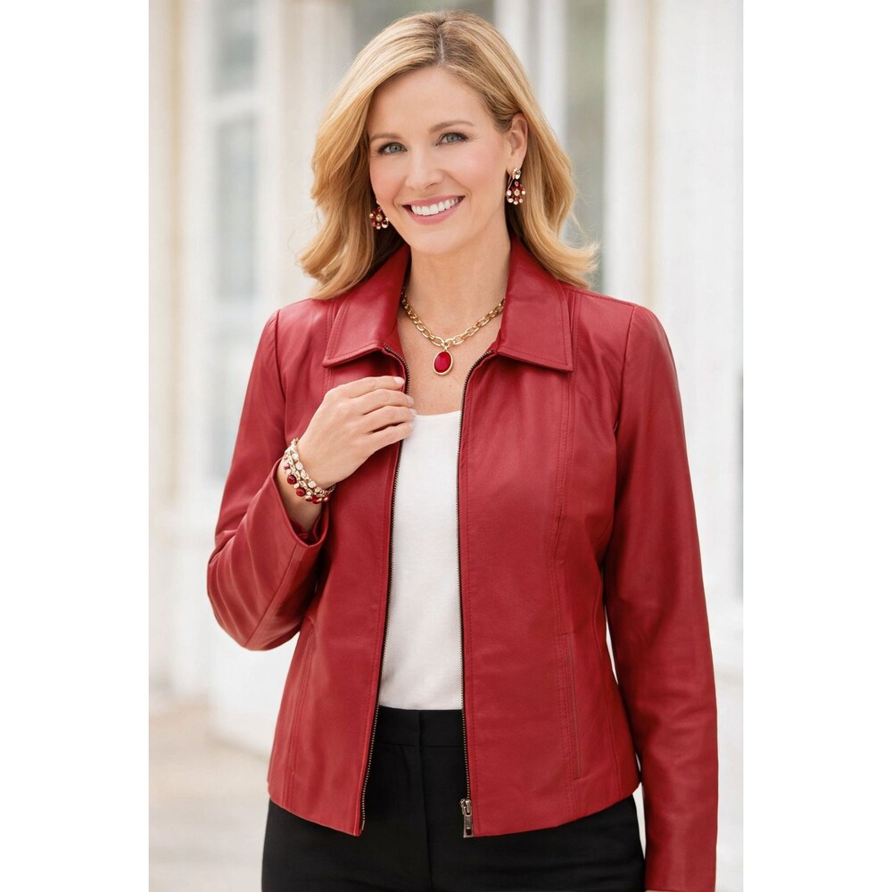Vintage Y2K Kim Rogers Sz Small Red Real Leather Jacket Coat Chic Career